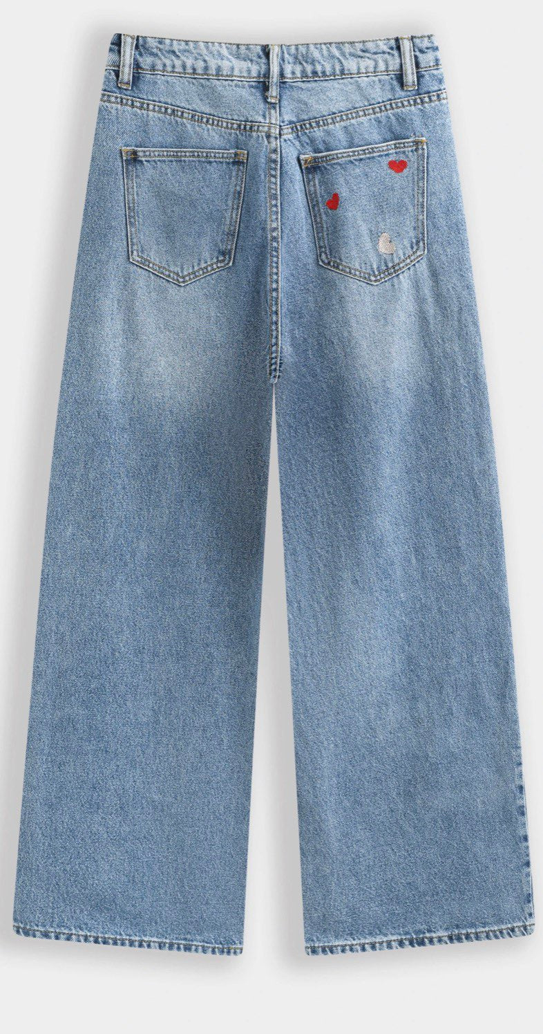 Jean large taille haute motifs cœurs
