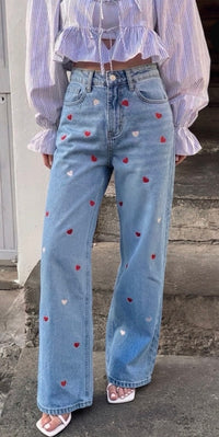 Jean large taille haute motifs cœurs — vue 2