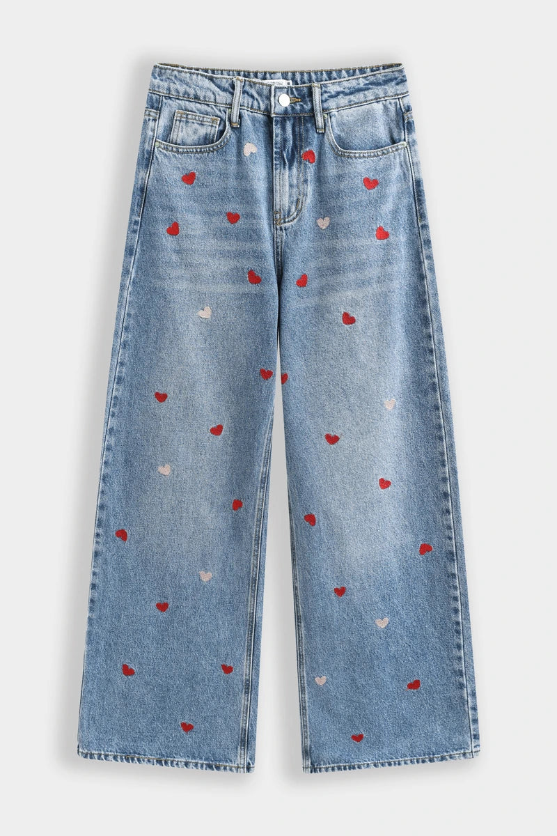 Jean large taille haute motifs cœurs